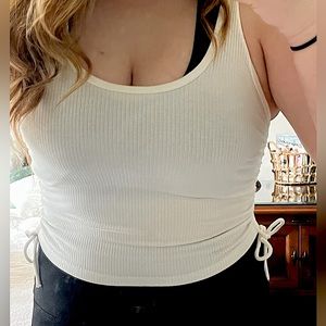 Love Tree, White Tank Top, Drawstring Side Scrunched